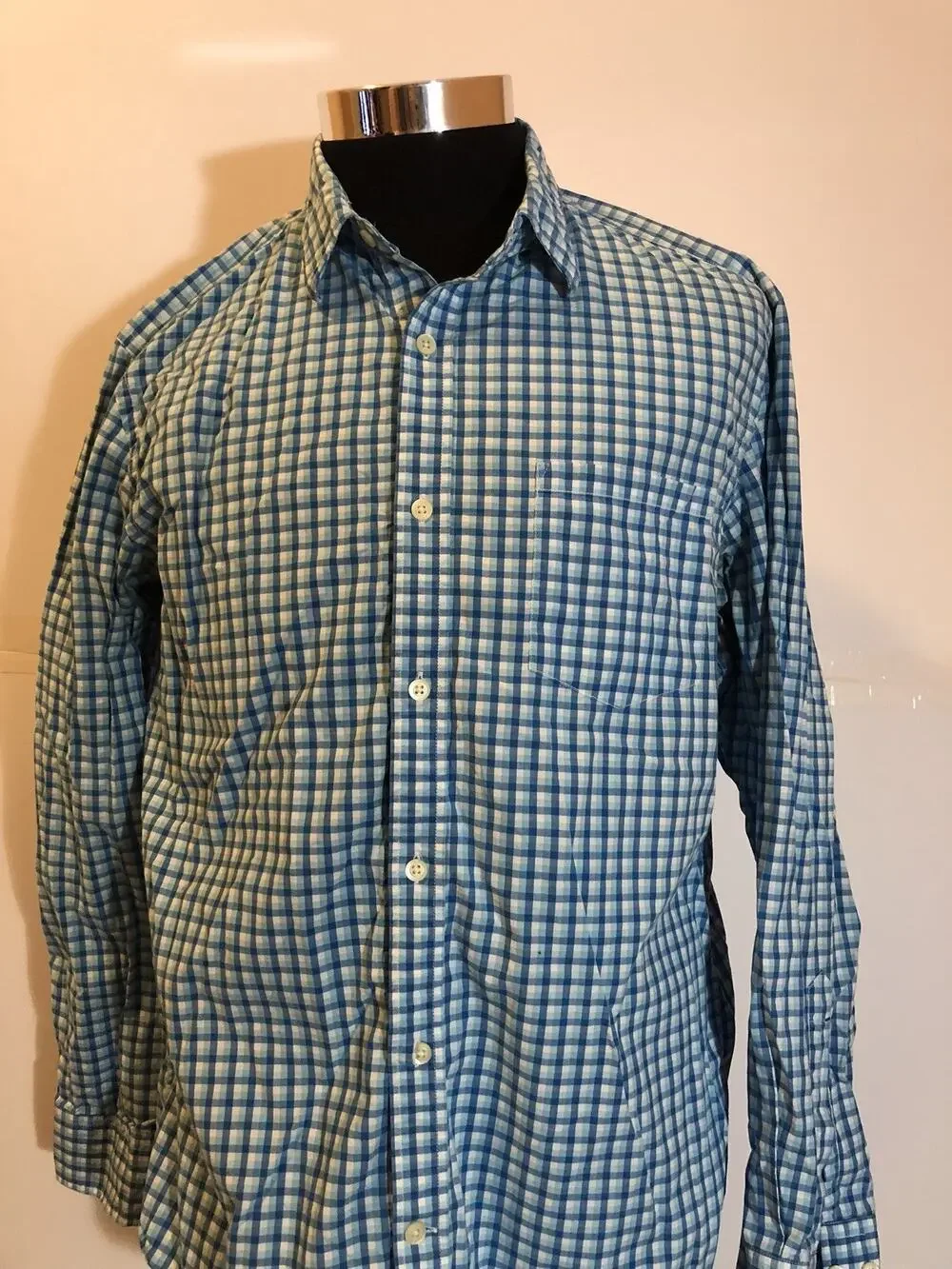 Banana Republic Shirt Mens Large Button Up Dress Shirt Blue Plaid Check 16 A5